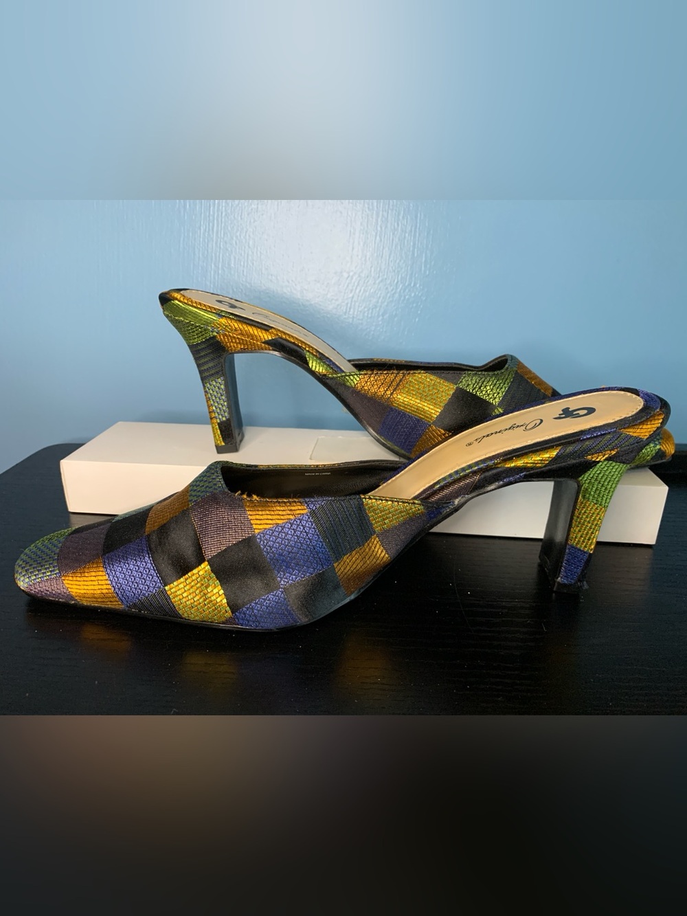 GF Originals vintage heeled mules multicolor fabric and square toe